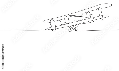Continuous one line drawing of Biplane banner. Linear style. Doodle vector illustration
