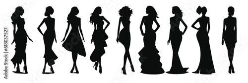 Set of woman silhouettes. Vector illustration set of various beautiful model girls in dress. Lady girls