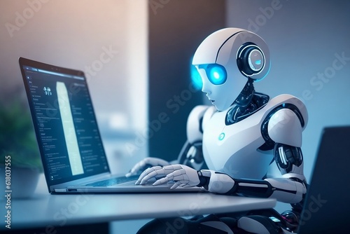 Intelligent AI chatbot transforms futuristic technology, empowering laptop users with automated communication. Smart AI revolutionizes interactions