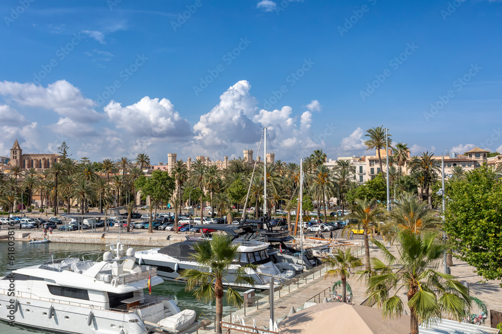 Scenic view of capital city Palma de Mallorca port. Sunny day with blue sky. Balearic Islands Mallorca Spain.