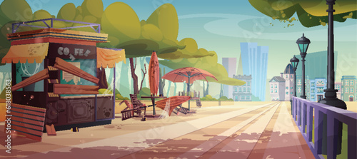 Abandoned outdoor street cafe on city square park vector illustration. Messy outside cafeteria with broken table, chair and torn umbrella on sidewalk exterior. Mess area with dirty store furniture