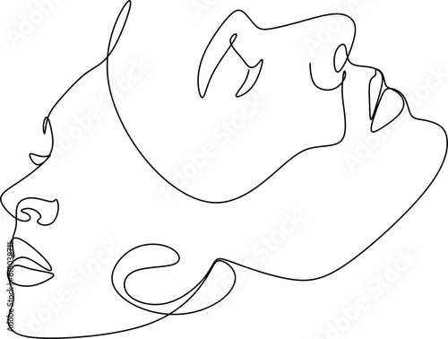 Portrait of couple man and woman in love kissing. Continuous One Line Art Drawing of two faces. Valentines Day card. Vector illustration minimalistic style.