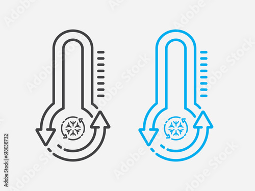 climate control icon, freezer control icon, cooling or heating temperature, hot or cold change air, thin line symbol on white background