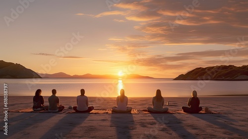 Illustration of a Illustration of a group of people meditating in lotus position at sunset on the beach, ai generative, ai generative