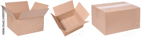 set of brown cardboard box mockup isolated