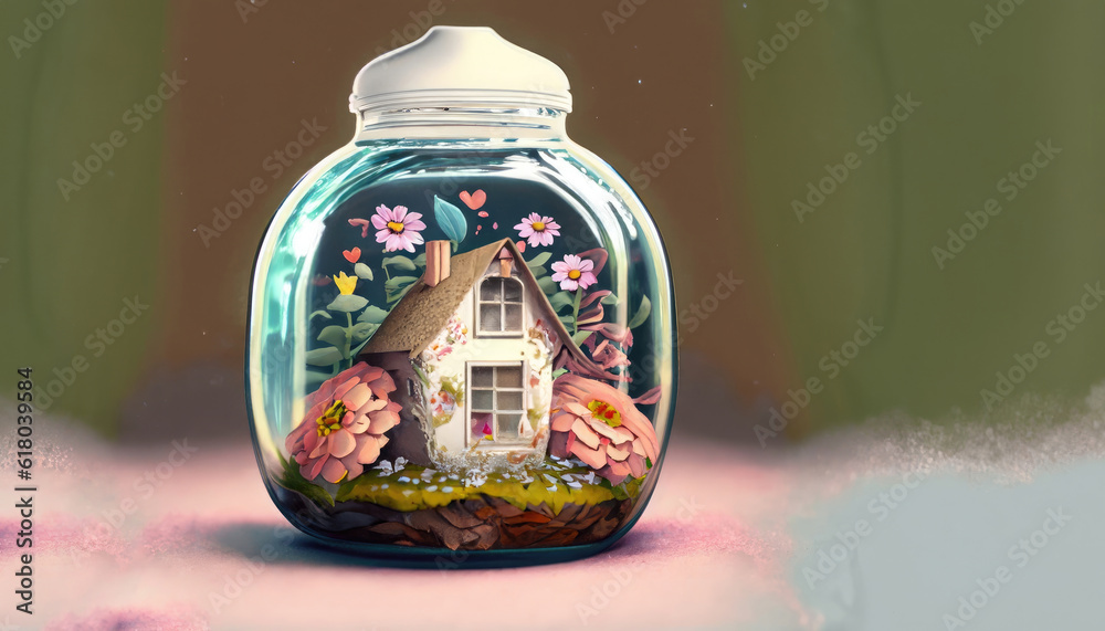 A little house in a glass jar with flowers background photo A little house in a glass jar with flowers background photo