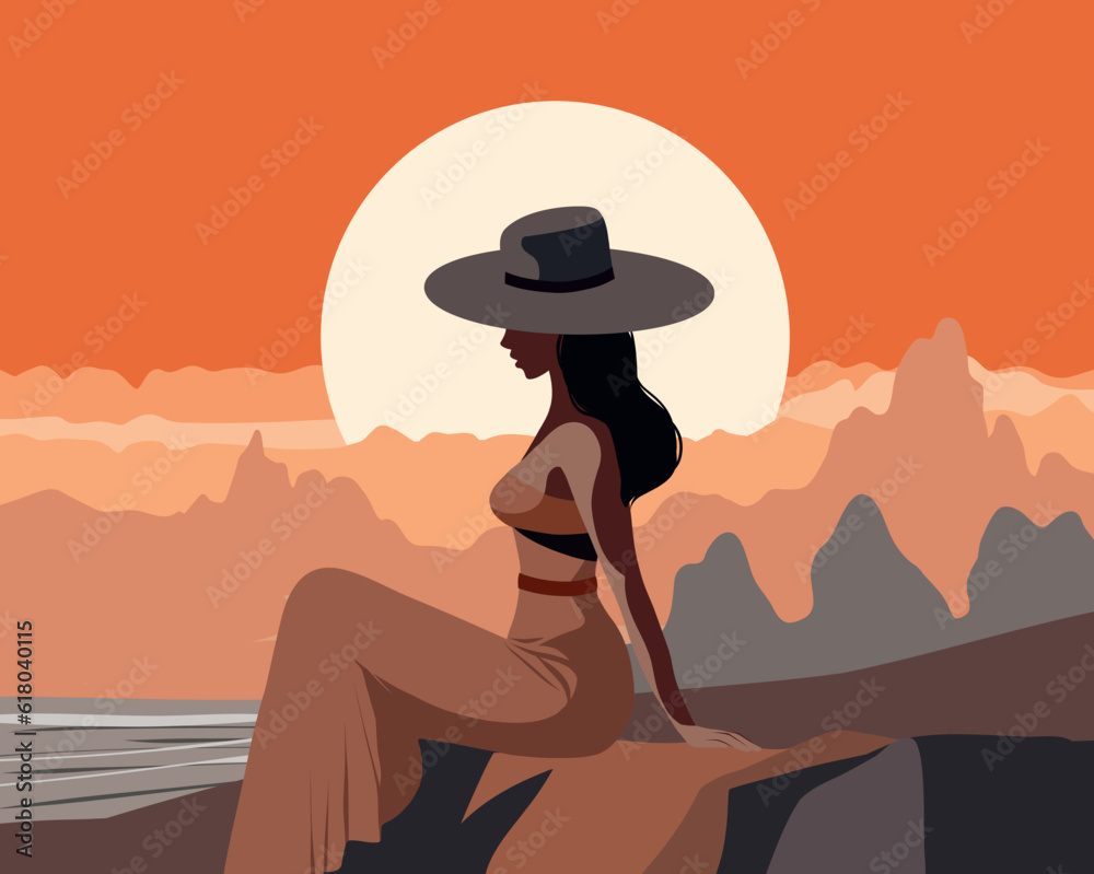 Vector illustration at sunset background mountains sun girl in a hat on ...