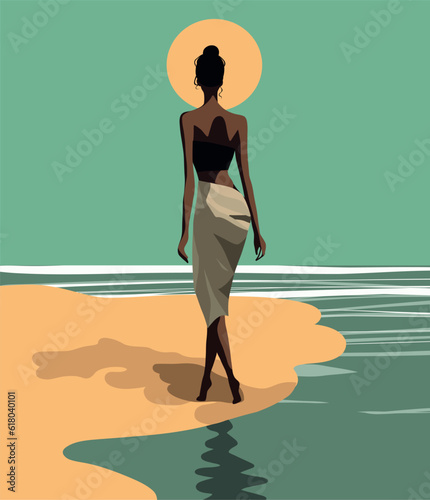 Vector illustration of a beautiful girl silhouette on vacation walking along the beach sand along the ocean flat illustration pastel palette