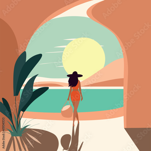 Vector flat graphics girl on vacation walking by the sea sun oasis hotel villa beige pastel color palette