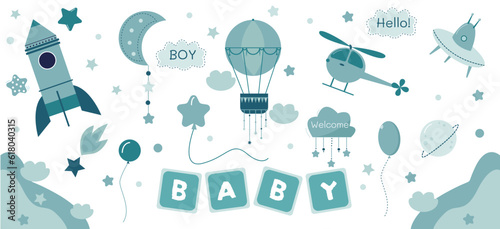 vector set for little newborn boy with space ships, ballons and stars in blue color isolated on white background