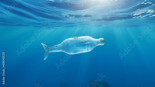 A conceptual plastic bottle with fish tail drifts to depict ocean pollution. Perfect for ocean conservation  environmental  climate change theme
