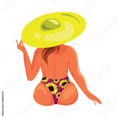 Beautiful plump woman in a hat sits topless on the beach.back view.Plus size young girl in a bikini with sunflowers sunbathing on the beach.Vector illustration.Travel and vacation by the sea.Summer 