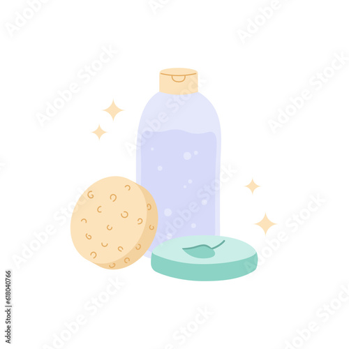 Skin cleanser, soap and sponge for face wash. Natural skincare products. Beauty daily routine. Flat hand drawn vector illustration