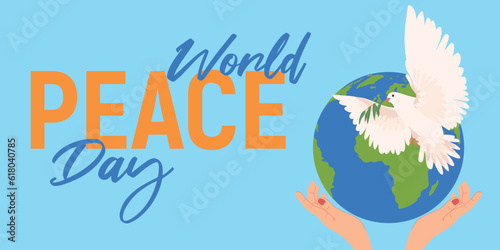 Peace Day. Hands hold a globe, earth. Dove with an olive branch. Flat illustration in cartoon style. Vector. The concept of hope, sign of freedom and independence, a manifestation of the holy spirit.