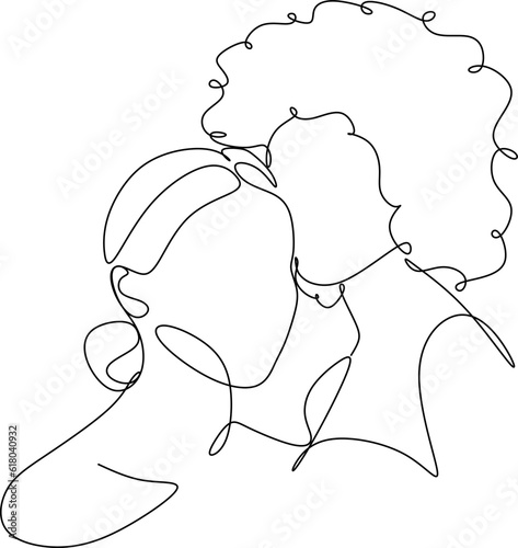 Abstract portrait of young pretty woman. Friends, sisters or couple. Continuous one line drawing isolated on white. Vector illustration in simple modern style.