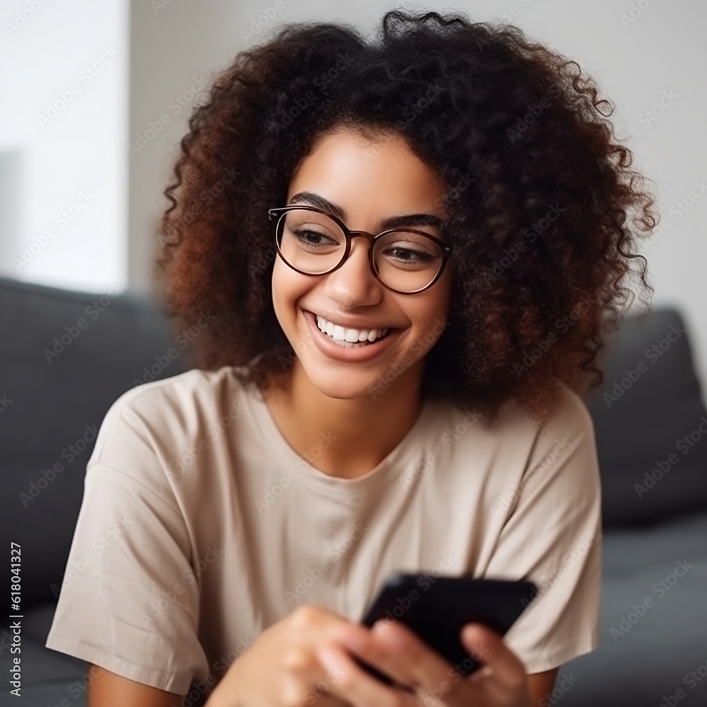 A smiling woman with curly hair and glasses is sitting on a couch, looking at her phone. A smiling woman with curly hair and glasses is sitting on a couch, looking at her phone.