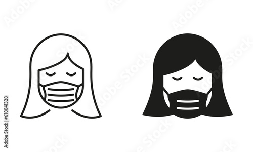 Woman in Medical Face Mask Line and Silhouette Icon Set. Face Protection, Mask Cover for Nose and Mouth. Wear Respirator Against Air Pollution Symbol Collection. Isolated Vector illustration