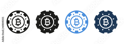 Bitcoin Betting Chip for Poker Black and Color Icons. Cryptocurrency for Play Gamble Pictogram Set. Casino and Poker Currency Sign. Fortune Game Symbol Collection. Isolated Vector Illustration