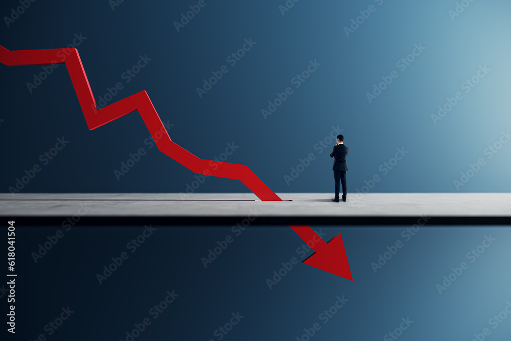 Falling red arrow breaking plank with businessman on blue background. Crisis and recession concept. Falling red arrow breaking plank with businessman on blue background. Crisis and recession concept.