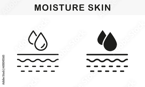 Skin Moisture Concept Line and Silhouette Black Icon Set. Moisturizing Face and Body Skin Pictogram. Skin Layer Absorb Water Drop  Anti Dry Skincare Symbol Collection. Isolated Vector Illustration