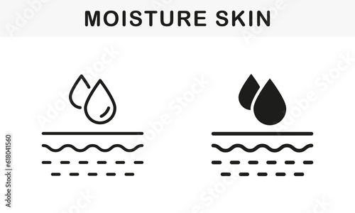 Skin Moisture Concept Line and Silhouette Black Icon Set. Moisturizing Face and Body Skin Pictogram. Skin Layer Absorb Water Drop, Anti Dry Skincare Symbol Collection. Isolated Vector Illustration