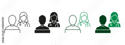 Health Care Symbol Collection. Hospital Physician Counseling Patient Line and Silhouette Icon Set. Psychotherapist Talk with Client. Patient and Doctor Consultation. Isolated Vector Illustration
