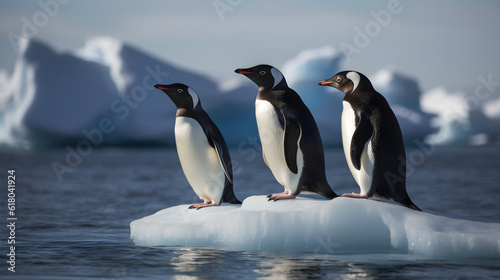 penguins in polar regions and blue sky created with Generative AI 