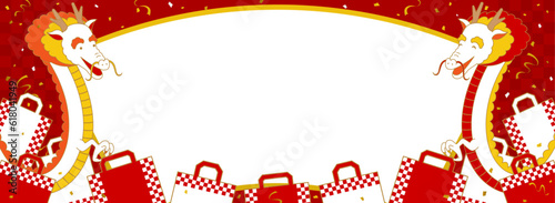 龍と買い物袋のフレーム／扇形（バナー向け横長）