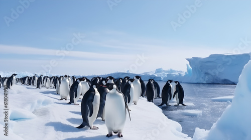 penguins in polar regions and blue sky created with Generative AI 