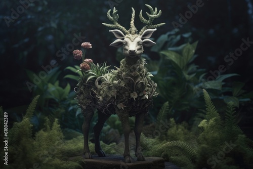 Sculpture of a donkey made of green leaves and flowers. Generated AI