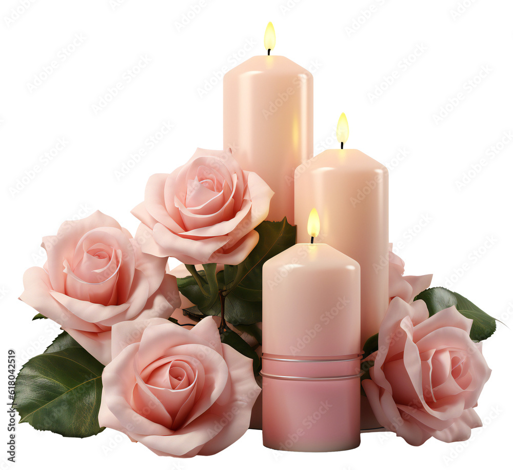 Three burning pink candles and pink roses around. Isolated on ...