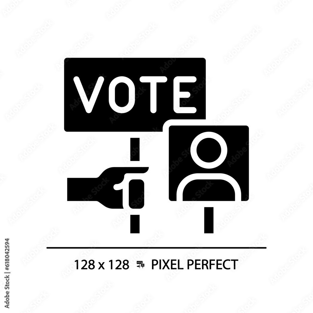 2D pixel perfect glyph style icon of hand holding vote sign, vector illustration representing voting, flat design election symbol.