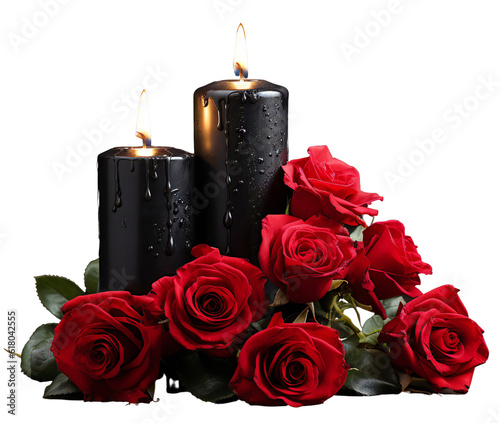 Two black candles with fire surrounded by red roses. Isolated on transparent background. KI.