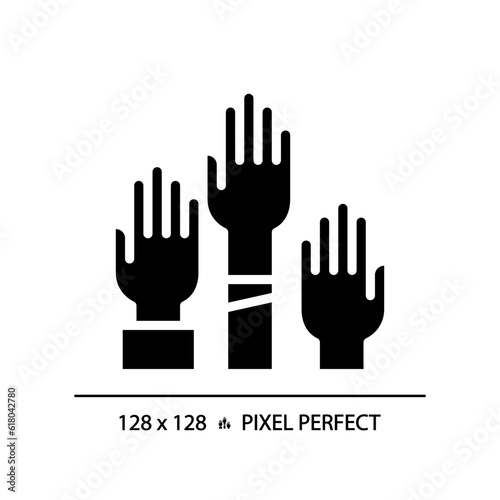 2D pixel perfect glyph style icon of people with hands raised representing voting, isolated vector illustration, flat design voters symbol.