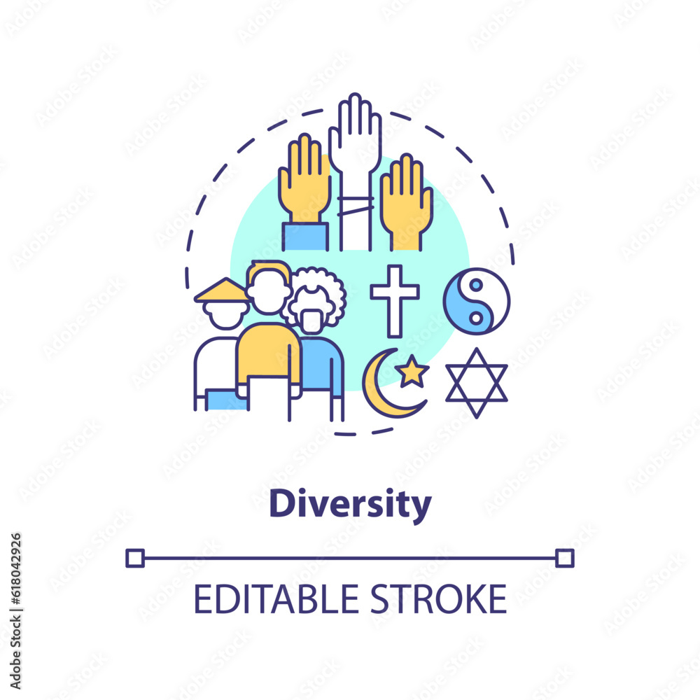 Diversity concept icon. Cross cultural communication. Ethnic group. Racial equality. Religious freedom. Social inclusion abstract idea thin line illustration. Isolated outline drawing. Editable stroke