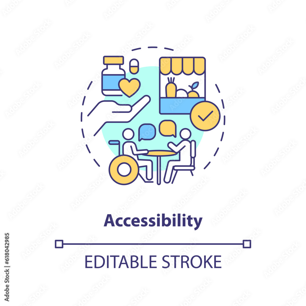 Accessibility concept icon. No barrier. Public service. Help care. Well being. Disability access. Social inclusion abstract idea thin line illustration. Isolated outline drawing. Editable stroke