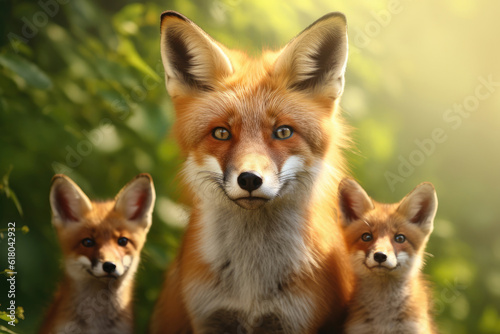 Three red foxes in summer forest  Generative AI