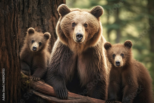 Family of three bears in a forest, Generative AI