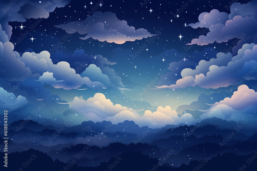 Immerse yourself in the mystic beauty of a dream-like night sky with our celestial photo. This artwork evokes a serene and surreal atmosphere, featuring flat shading, captivating stars,. generative ai