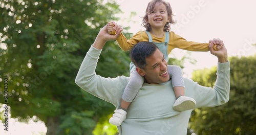 Smile, piggyback and father with girl in nature, bonding and having fun. Happy, dad and carrying child on shoulders, play and enjoying quality family time together outdoor in park with love and care.