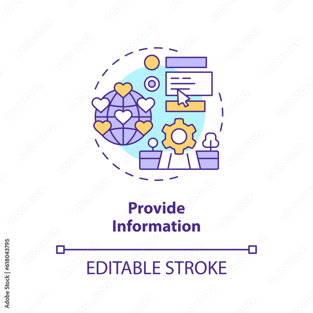Provide information concept icon. Travel experience. Internet search. Equal access. Safe environment. Quality content abstract idea thin line illustration. Isolated outline drawing. Editable stroke