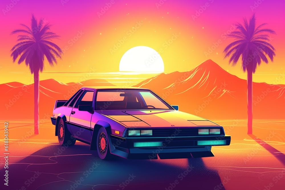 Retro car sunset. Generate Ai