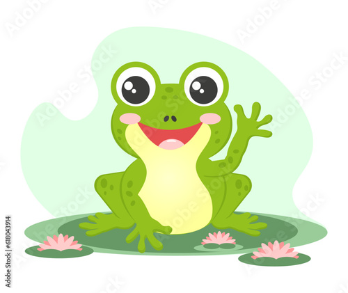 A cheerful frog on a water lily waving his paw. Vector illustration