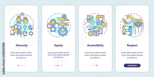 Social inclusion onboarding mobile app screen. Equal opportunity walkthrough 4 steps editable graphic instructions with linear concepts. UI, UX, GUI template. Myriad Pro-Bold, Regular fonts used