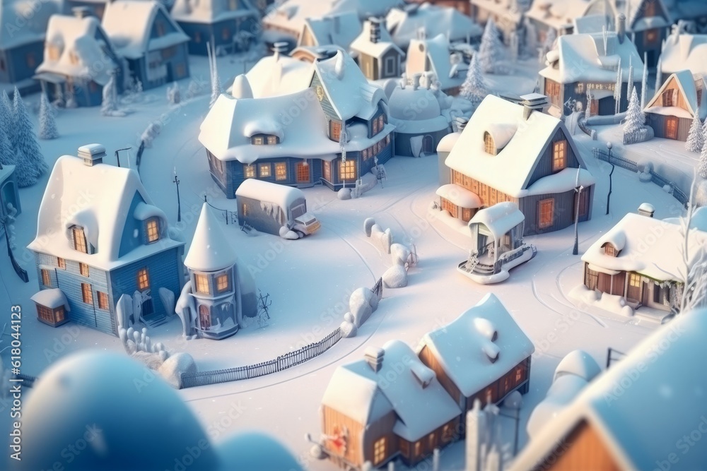 Winter tiny village snow. Generate Ai