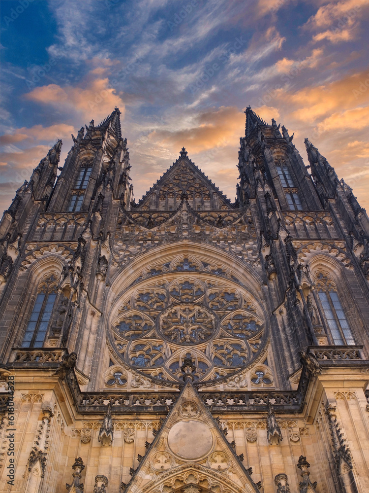 Fototapeta premium Front of historic cathedral with beautiful sky
