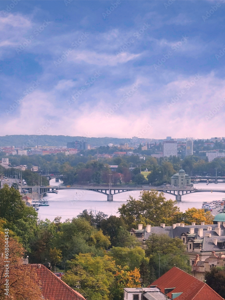 Beautiful city view with river and bridge in daytime