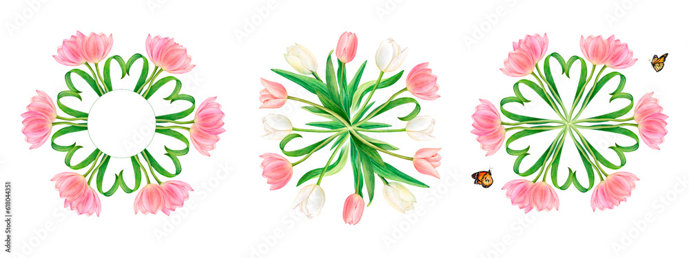 Watercolour drawn set of round bouquets from beautiful pink and white tulip flowers with heart-shaped leaves on white background. Perfect for sticker, logo, napkin, textile printing