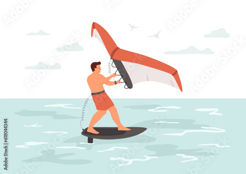 Man riding wing foil on sea, ocean. Male rides hydrofoil surfboard using hand-held inflatable wing. Active summer water sport. Vector illustration.