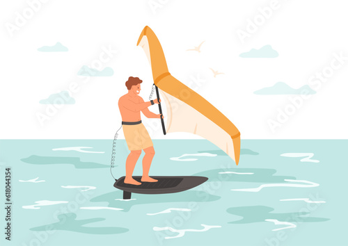 Man riding wing foil. Happy guy rides hydrofoil surfboard using hand-held inflatable wing on sea, ocean. Active summer water sport. Foil boarding concept. Vector illustration.